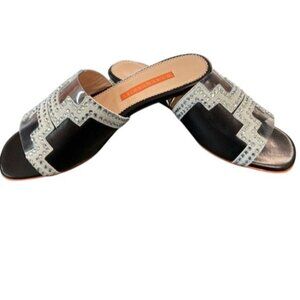 D. Lacquaniti Crystal Embellished Black Leather & Clear PVC Slide Sandals